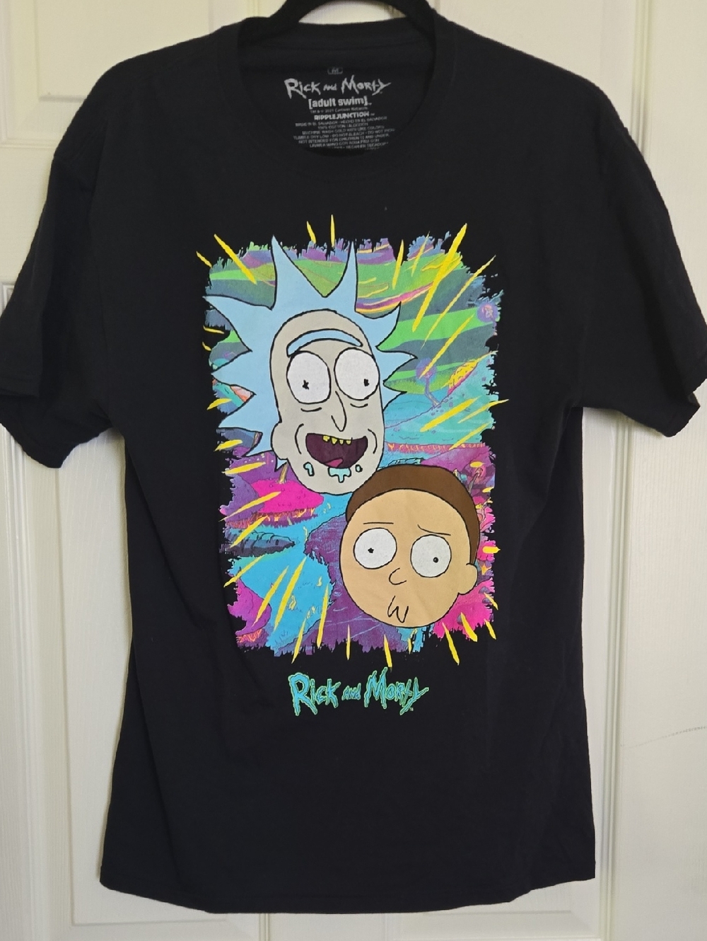 Rick and Morty Men's Medium Black Graphic Tee with Neon Splash